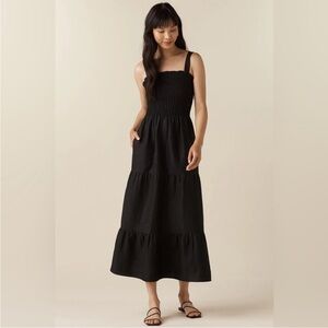 VETTA Black Smocked Tiered Linen Tencel Sundress with Convertible Straps